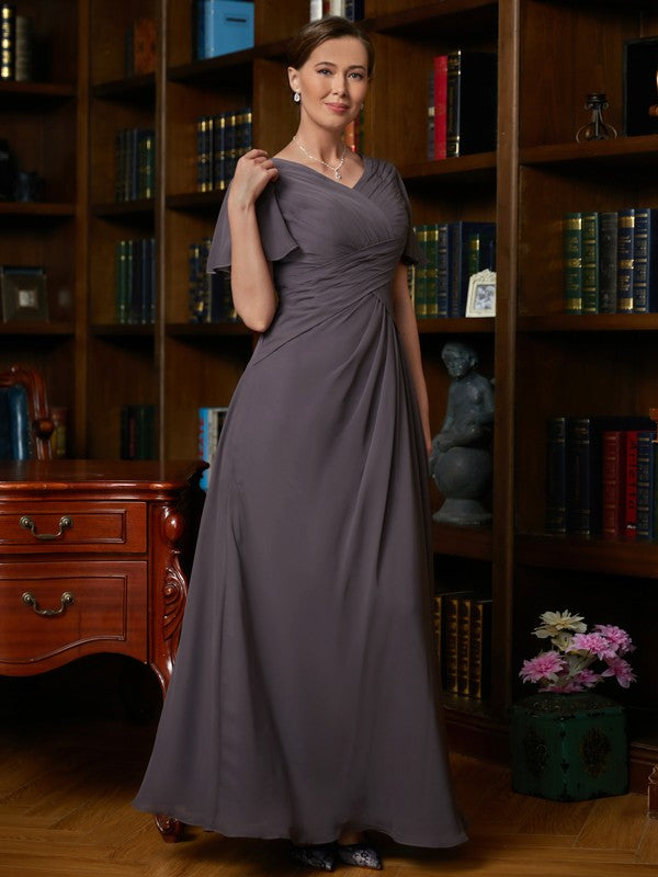 Tanya A-Line/Princess Chiffon Ruched V-neck Short Sleeves Floor-Length Mother of the Bride Dresses DLP0020304