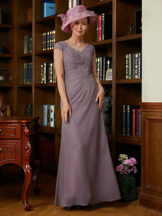 Alissa Sheath/Column Chiffon Lace V-neck Short Sleeves Floor-Length Mother of the Bride Dresses DLP0020339