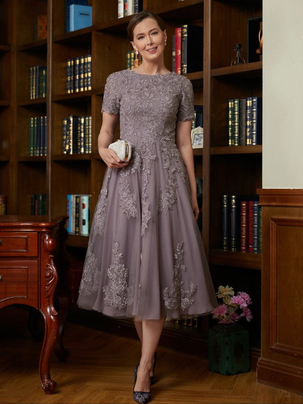 Ruby A-Line/Princess Chiffon Lace Scoop Short Sleeves Tea-Length Mother of the Bride Dresses DLP0020302