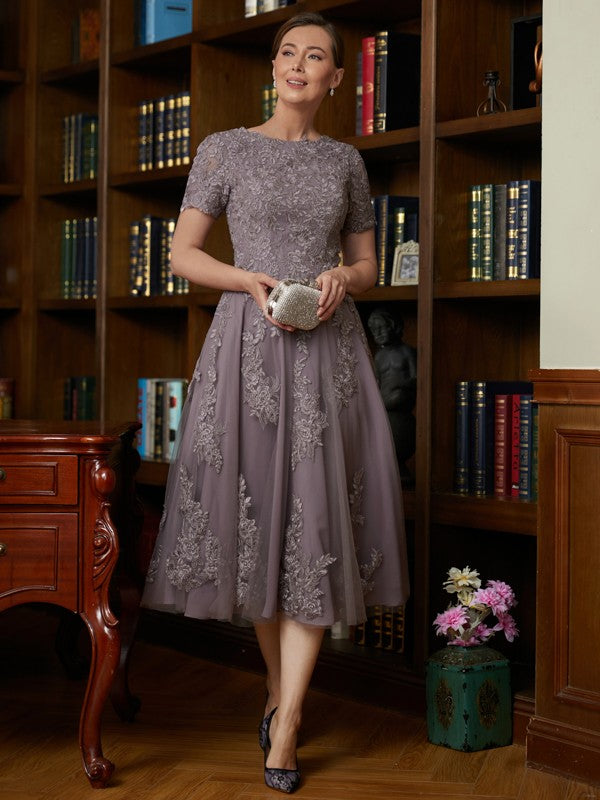 Ruby A-Line/Princess Chiffon Lace Scoop Short Sleeves Tea-Length Mother of the Bride Dresses DLP0020302