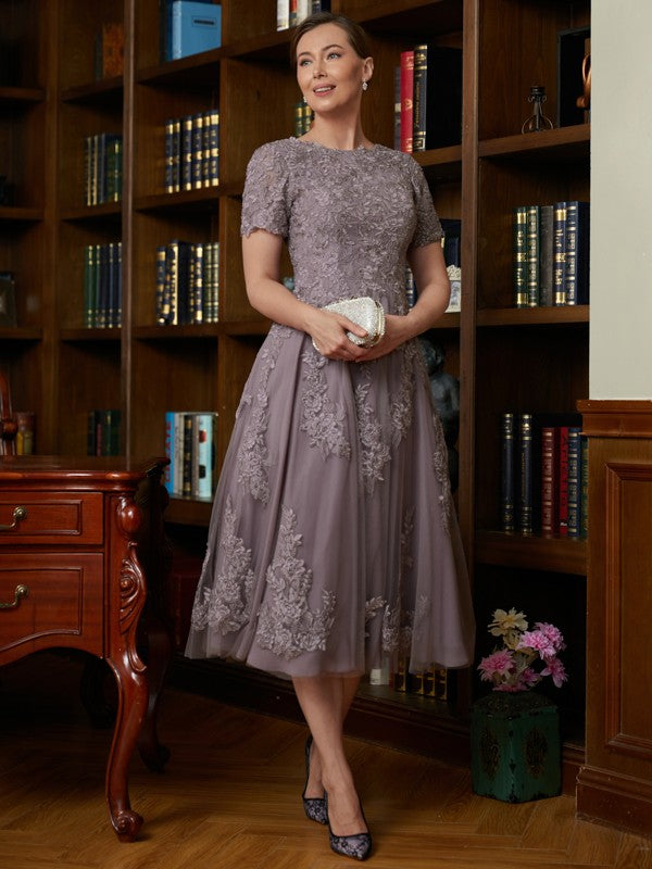 Ruby A-Line/Princess Chiffon Lace Scoop Short Sleeves Tea-Length Mother of the Bride Dresses DLP0020302