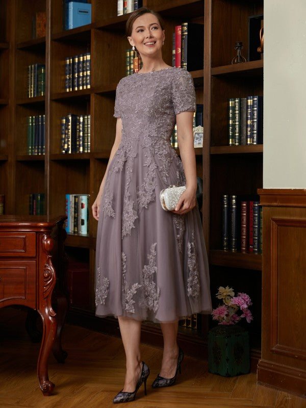 Ruby A-Line/Princess Chiffon Lace Scoop Short Sleeves Tea-Length Mother of the Bride Dresses DLP0020302