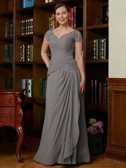 Lea A-Line/Princess Chiffon Applique Sweetheart Short Sleeves Floor-Length Mother of the Bride Dresses DLP0020328