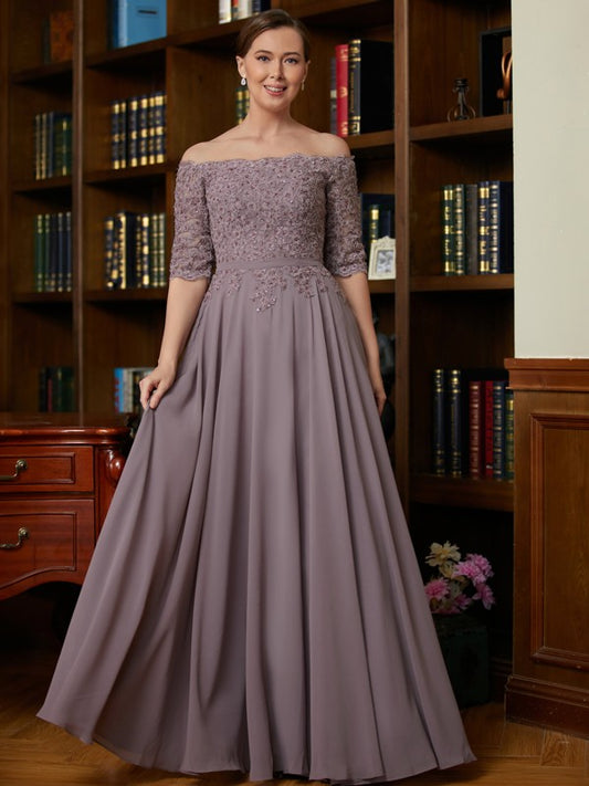 Hadley A-Line/Princess Chiffon Applique Off-the-Shoulder 3/4 Sleeves Floor-Length Mother of the Bride Dresses DLP0020308