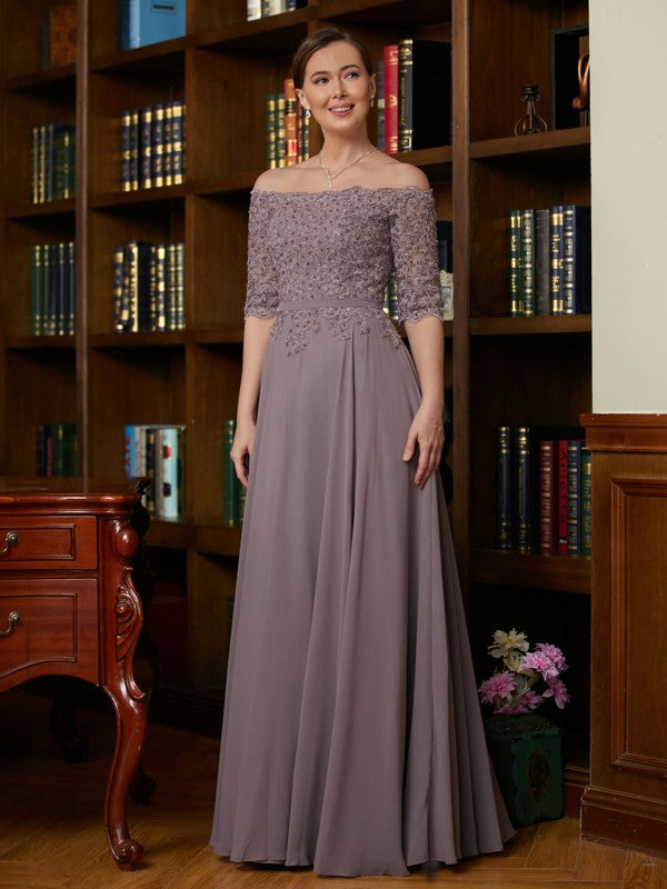 Hadley A-Line/Princess Chiffon Applique Off-the-Shoulder 3/4 Sleeves Floor-Length Mother of the Bride Dresses DLP0020308