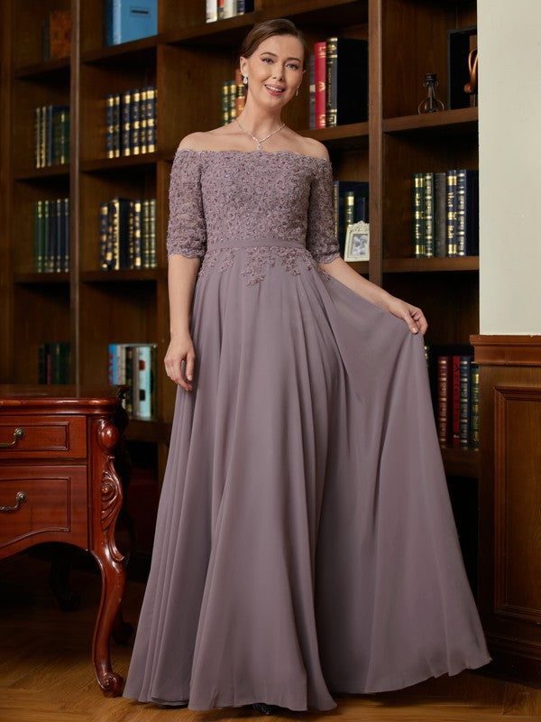 Hadley A-Line/Princess Chiffon Applique Off-the-Shoulder 3/4 Sleeves Floor-Length Mother of the Bride Dresses DLP0020308