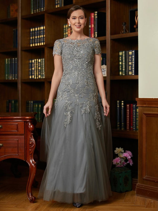 Nancy A-Line/Princess Tulle Lace Scoop Short Sleeves Floor-Length Mother of the Bride Dresses DLP0020310