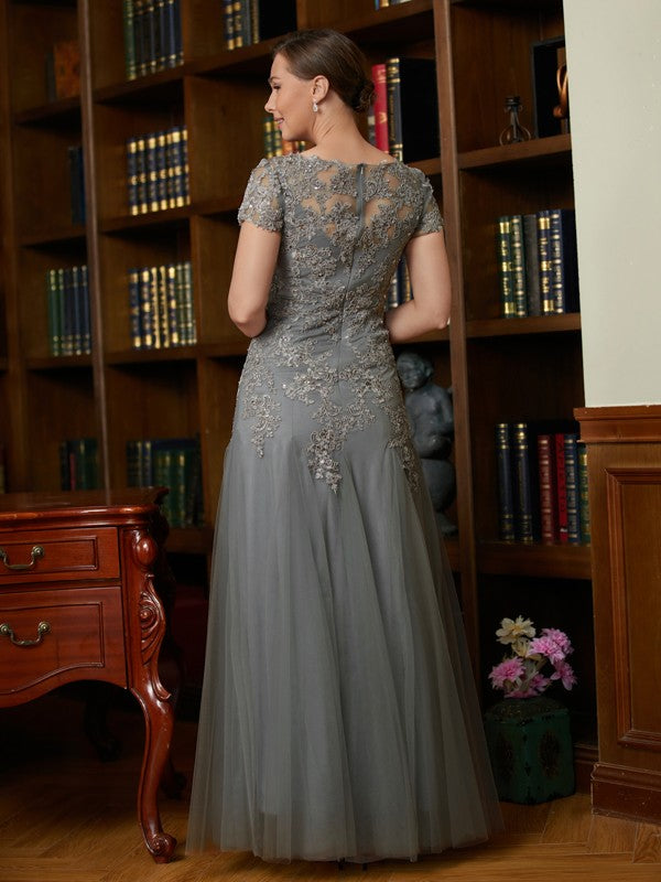 Nancy A-Line/Princess Tulle Lace Scoop Short Sleeves Floor-Length Mother of the Bride Dresses DLP0020310