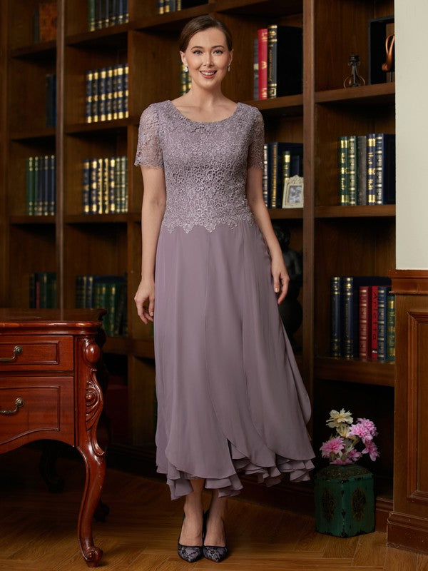 Meredith A-Line/Princess Chiffon Lace Scoop Short Sleeves Ankle-Length Mother of the Bride Dresses DLP0020353