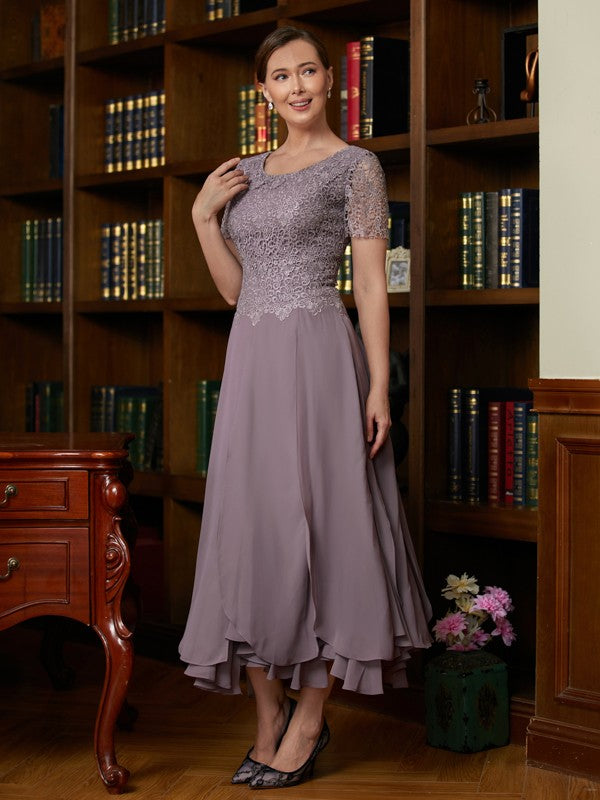 Meredith A-Line/Princess Chiffon Lace Scoop Short Sleeves Ankle-Length Mother of the Bride Dresses DLP0020353