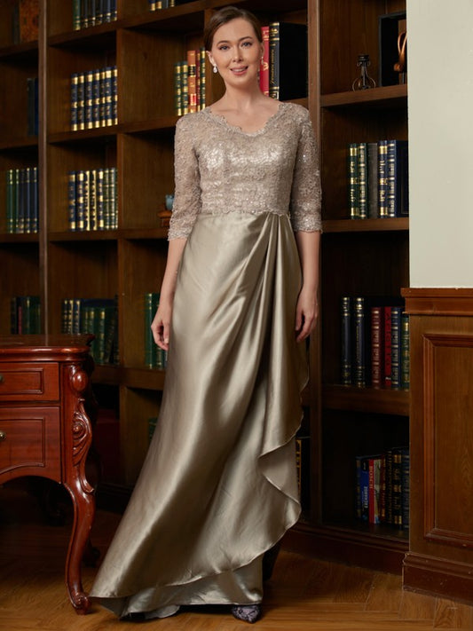 Bella A-Line/Princess Silk Like Satin Lace V-neck 3/4 Sleeves Sweep/Brush Train Mother of the Bride Dresses DLP0020342