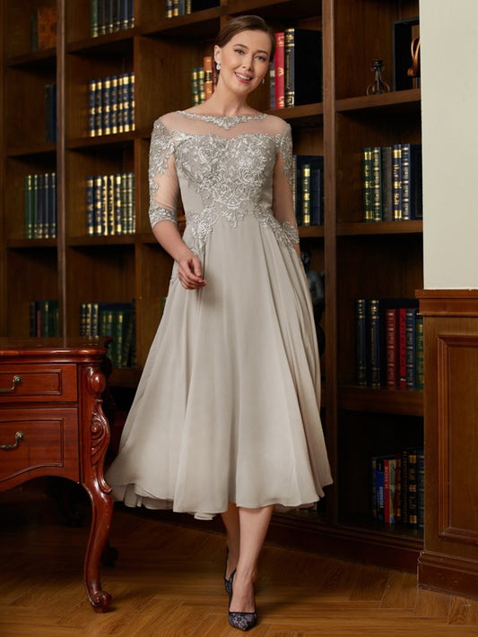 Brittany A-Line/Princess Chiffon Lace Scoop 3/4 Sleeves Tea-Length Mother of the Bride Dresses DLP0020300