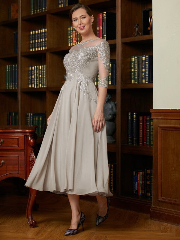 Brittany A-Line/Princess Chiffon Lace Scoop 3/4 Sleeves Tea-Length Mother of the Bride Dresses DLP0020300