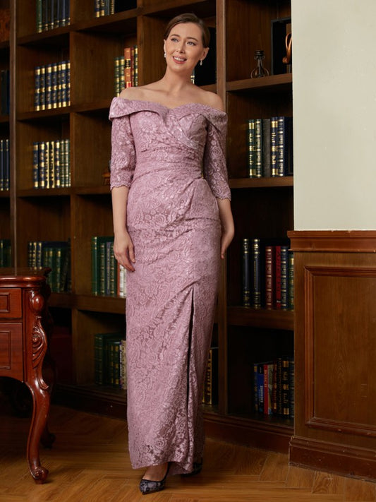 Emilia Sheath/Column Satin Lace Off-the-Shoulder 3/4 Sleeves Floor-Length Mother of the Bride Dresses DLP0020343