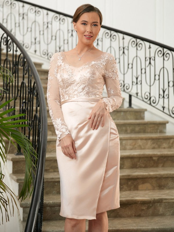 Jacquelyn Sheath/Column Satin Lace V-neck Long Sleeves Knee-Length Mother of the Bride Dresses DLP0020359