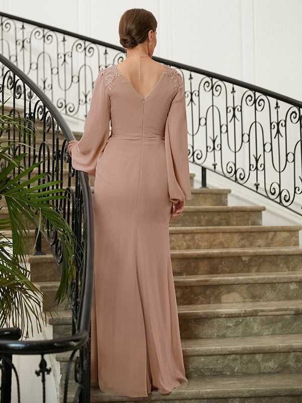 Camryn A-Line/Princess Chiffon Applique V-neck Long Sleeves Floor-Length Mother of the Bride Dresses DLP0020313