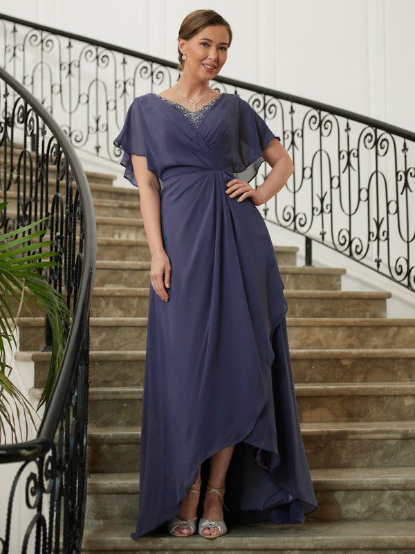 Kristin A-Line/Princess Chiffon Beading V-neck Short Sleeves Asymmetrical Mother of the Bride Dresses DLP0020312