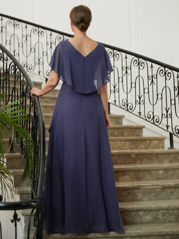 Kristin A-Line/Princess Chiffon Beading V-neck Short Sleeves Asymmetrical Mother of the Bride Dresses DLP0020312