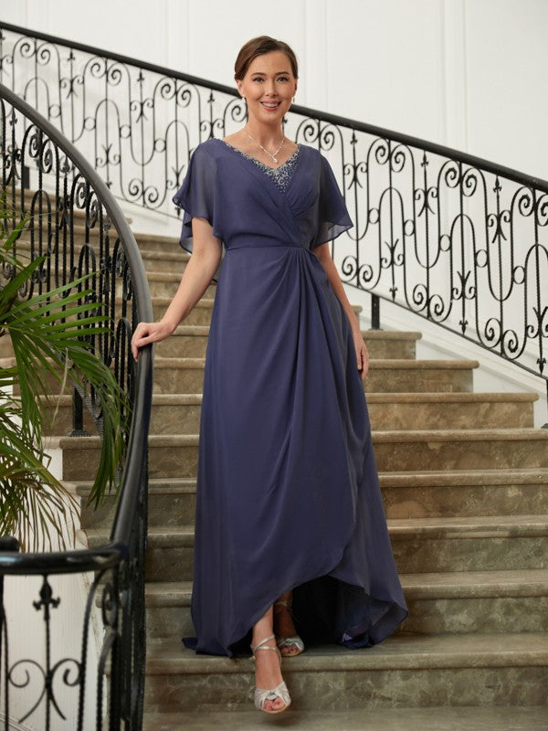 Kristin A-Line/Princess Chiffon Beading V-neck Short Sleeves Asymmetrical Mother of the Bride Dresses DLP0020312