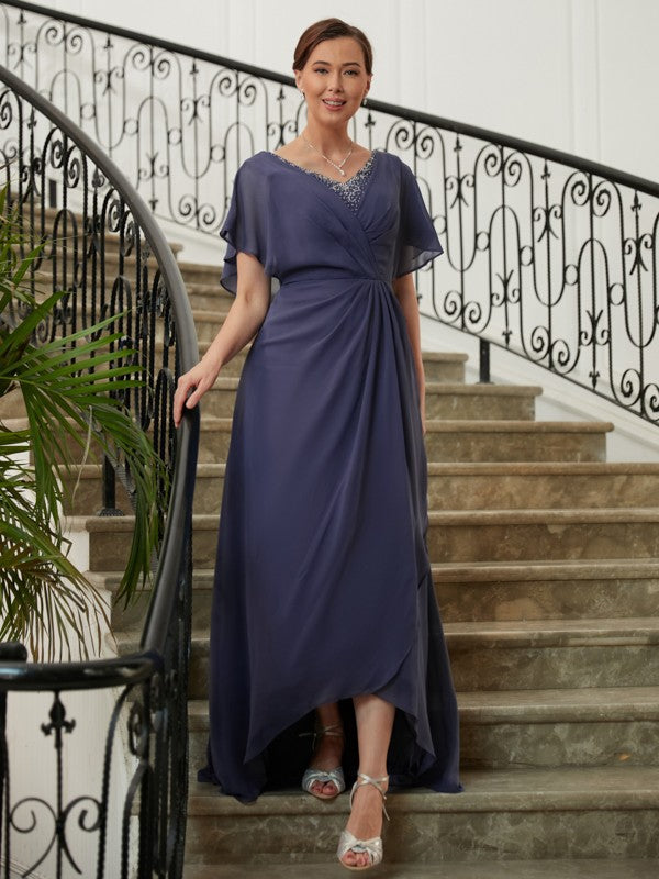 Kristin A-Line/Princess Chiffon Beading V-neck Short Sleeves Asymmetrical Mother of the Bride Dresses DLP0020312