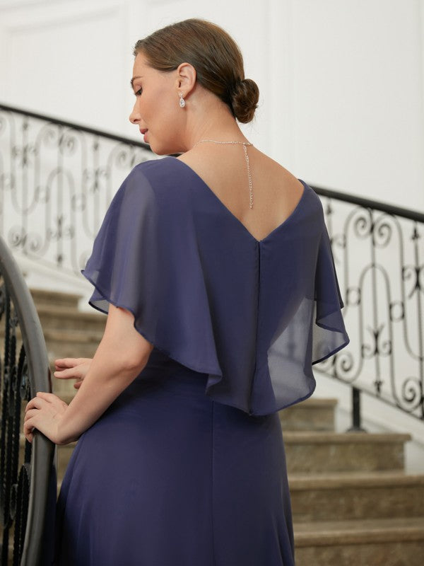 Kristin A-Line/Princess Chiffon Beading V-neck Short Sleeves Asymmetrical Mother of the Bride Dresses DLP0020312