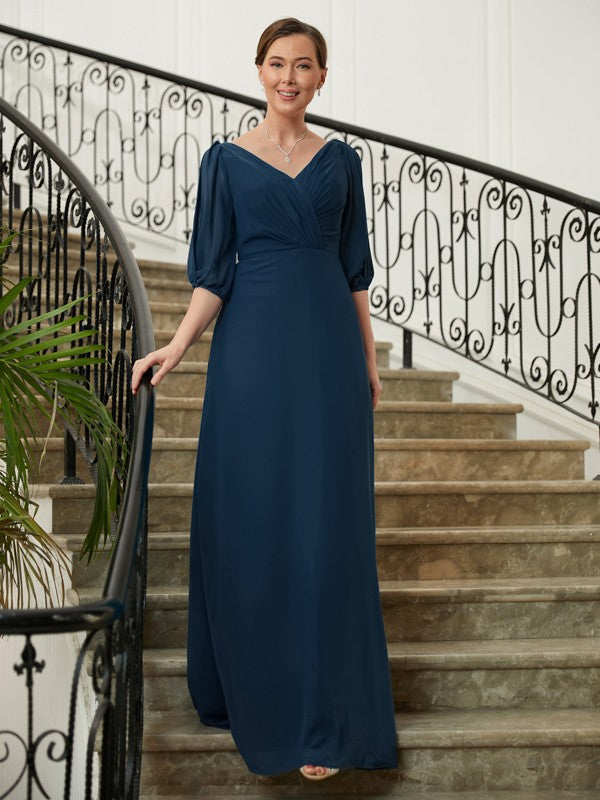 Kennedy A-Line/Princess Chiffon Ruched V-neck 1/2 Sleeves Floor-Length Mother of the Bride Dresses DLP0020344