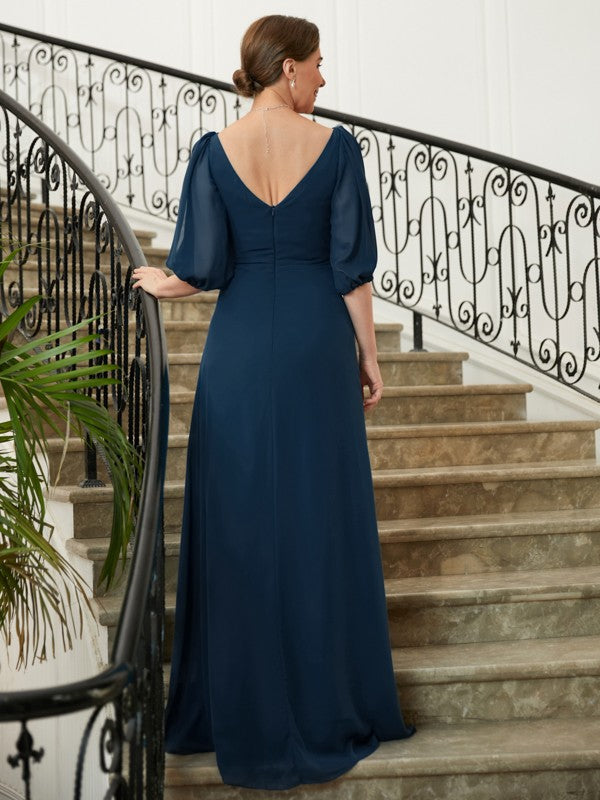 Kennedy A-Line/Princess Chiffon Ruched V-neck 1/2 Sleeves Floor-Length Mother of the Bride Dresses DLP0020344