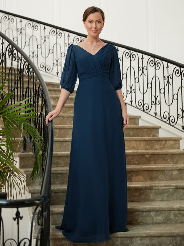 Kennedy A-Line/Princess Chiffon Ruched V-neck 1/2 Sleeves Floor-Length Mother of the Bride Dresses DLP0020344