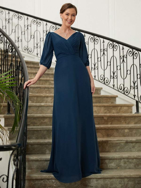 Kennedy A-Line/Princess Chiffon Ruched V-neck 1/2 Sleeves Floor-Length Mother of the Bride Dresses DLP0020344