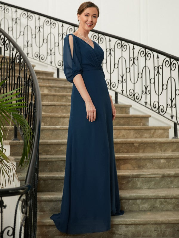 Kennedy A-Line/Princess Chiffon Ruched V-neck 1/2 Sleeves Floor-Length Mother of the Bride Dresses DLP0020344