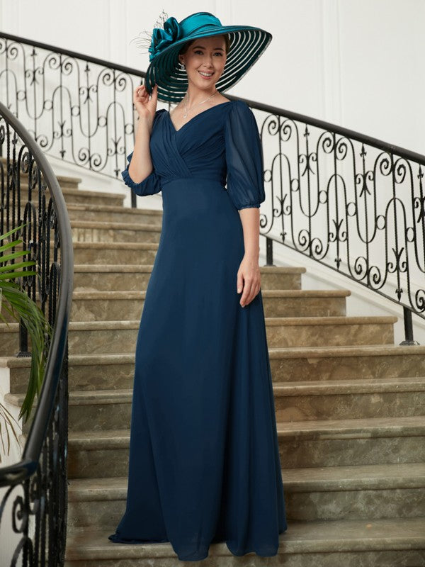 Kennedy A-Line/Princess Chiffon Ruched V-neck 1/2 Sleeves Floor-Length Mother of the Bride Dresses DLP0020344