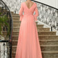 Tabitha A-Line/Princess Chiffon Ruched V-neck Long Sleeves Sweep/Brush Train Mother of the Bride Dresses DLP0020305