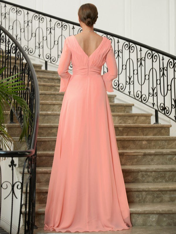 Tabitha A-Line/Princess Chiffon Ruched V-neck Long Sleeves Sweep/Brush Train Mother of the Bride Dresses DLP0020305