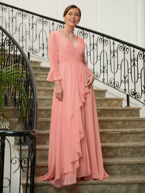 Tabitha A-Line/Princess Chiffon Ruched V-neck Long Sleeves Sweep/Brush Train Mother of the Bride Dresses DLP0020305