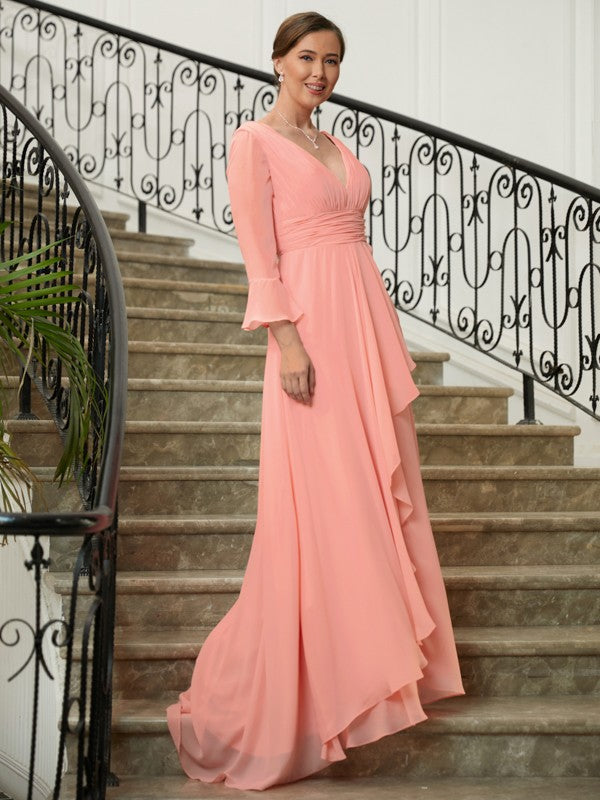 Tabitha A-Line/Princess Chiffon Ruched V-neck Long Sleeves Sweep/Brush Train Mother of the Bride Dresses DLP0020305