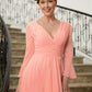 Tabitha A-Line/Princess Chiffon Ruched V-neck Long Sleeves Sweep/Brush Train Mother of the Bride Dresses DLP0020305