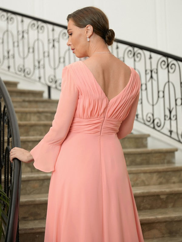 Tabitha A-Line/Princess Chiffon Ruched V-neck Long Sleeves Sweep/Brush Train Mother of the Bride Dresses DLP0020305