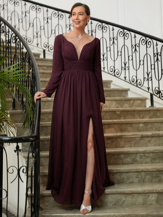 Aurora A-Line/Princess Chiffon Ruched V-neck Long Sleeves Floor-Length Mother of the Bride Dresses DLP0020345