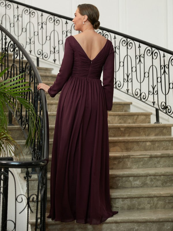 Aurora A-Line/Princess Chiffon Ruched V-neck Long Sleeves Floor-Length Mother of the Bride Dresses DLP0020345