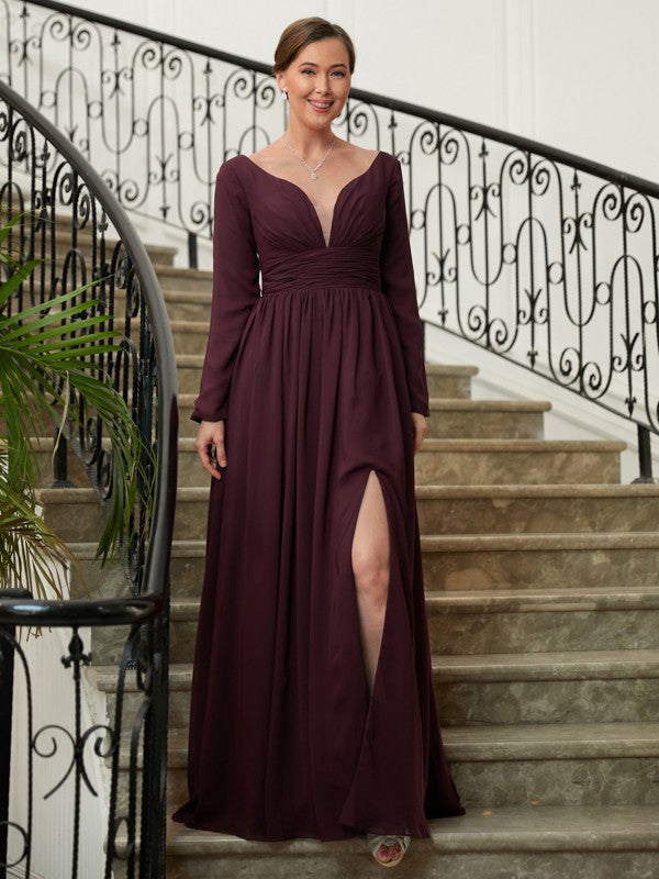 Aurora A-Line/Princess Chiffon Ruched V-neck Long Sleeves Floor-Length Mother of the Bride Dresses DLP0020345