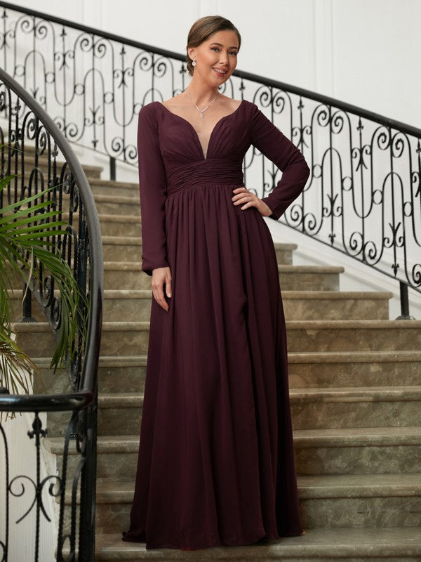 Aurora A-Line/Princess Chiffon Ruched V-neck Long Sleeves Floor-Length Mother of the Bride Dresses DLP0020345