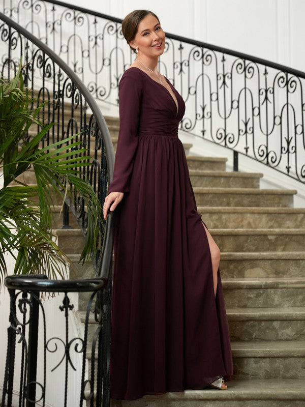 Aurora A-Line/Princess Chiffon Ruched V-neck Long Sleeves Floor-Length Mother of the Bride Dresses DLP0020345