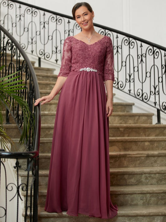 Pat A-Line/Princess Chiffon Lace V-neck 3/4 Sleeves Floor-Length Mother of the Bride Dresses DLP0020306