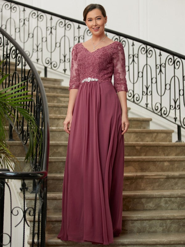 Pat A-Line/Princess Chiffon Lace V-neck 3/4 Sleeves Floor-Length Mother of the Bride Dresses DLP0020306