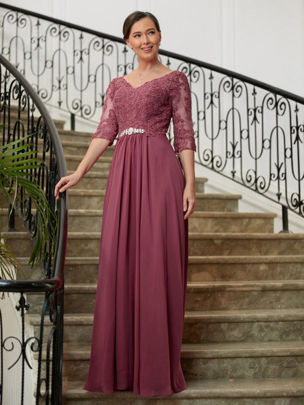 Pat A-Line/Princess Chiffon Lace V-neck 3/4 Sleeves Floor-Length Mother of the Bride Dresses DLP0020306