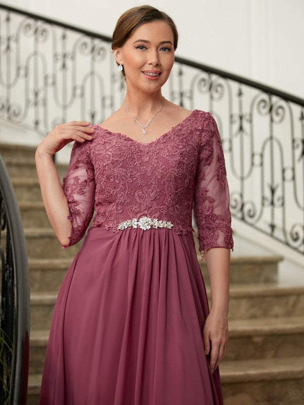 Pat A-Line/Princess Chiffon Lace V-neck 3/4 Sleeves Floor-Length Mother of the Bride Dresses DLP0020306