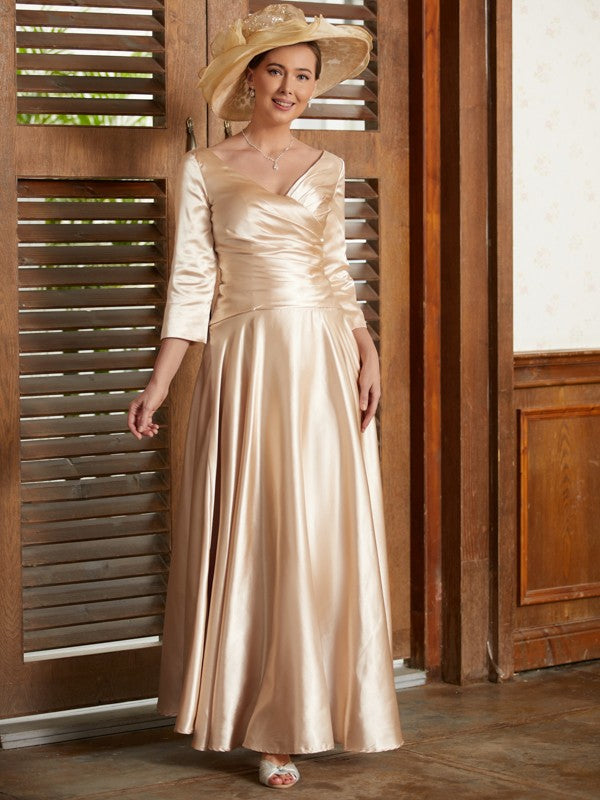 Celeste A-Line/Princess Elastic Woven Satin Ruched V-neck 3/4 Sleeves Ankle-Length Mother of the Bride Dresses DLP0020362