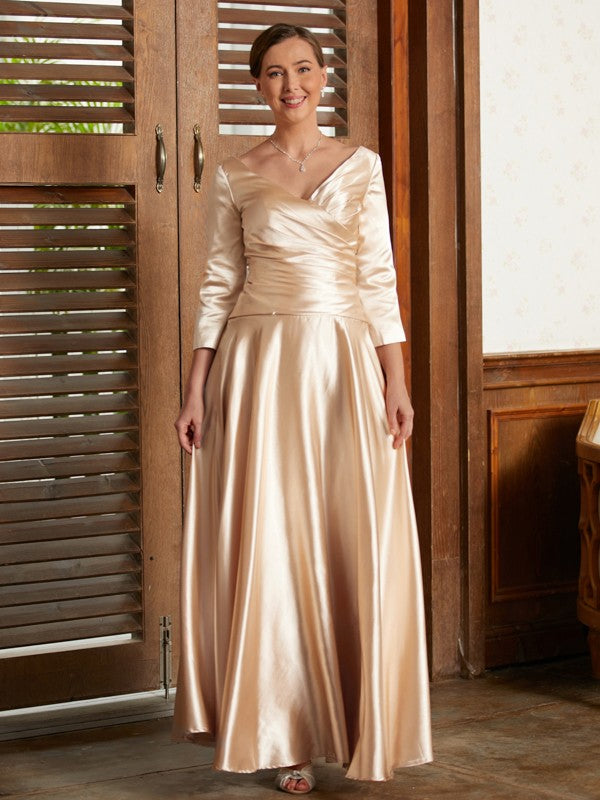 Celeste A-Line/Princess Elastic Woven Satin Ruched V-neck 3/4 Sleeves Ankle-Length Mother of the Bride Dresses DLP0020362