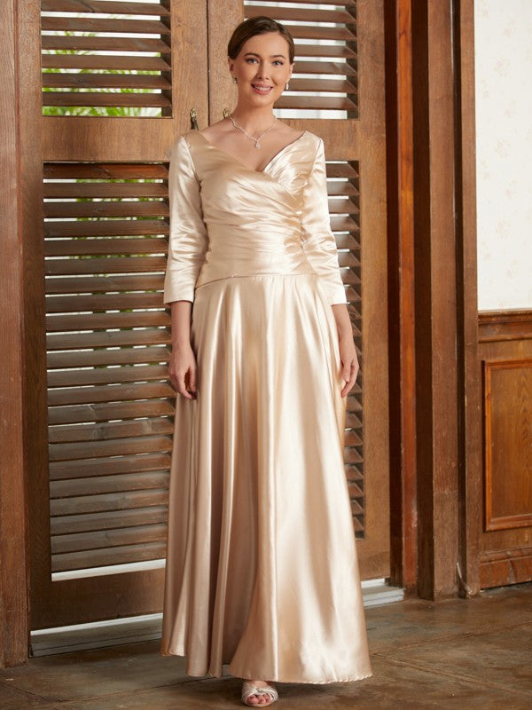 Celeste A-Line/Princess Elastic Woven Satin Ruched V-neck 3/4 Sleeves Ankle-Length Mother of the Bride Dresses DLP0020362