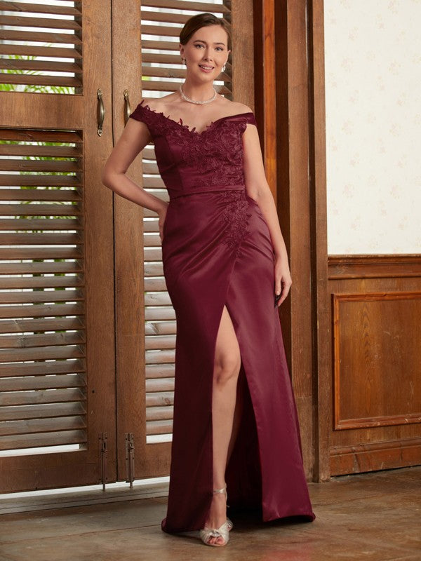 Abbigail Sheath/Column Satin Applique Off-the-Shoulder Sleeveless Sweep/Brush Train Mother of the Bride Dresses DLP0020348